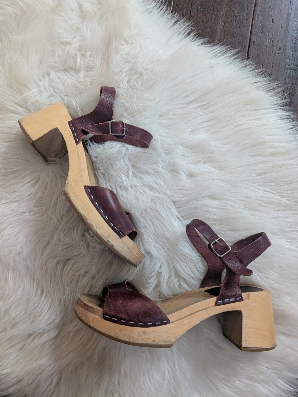Swedish Hasbeens Women's Brown Leather Wooden Clogs Sandals 38